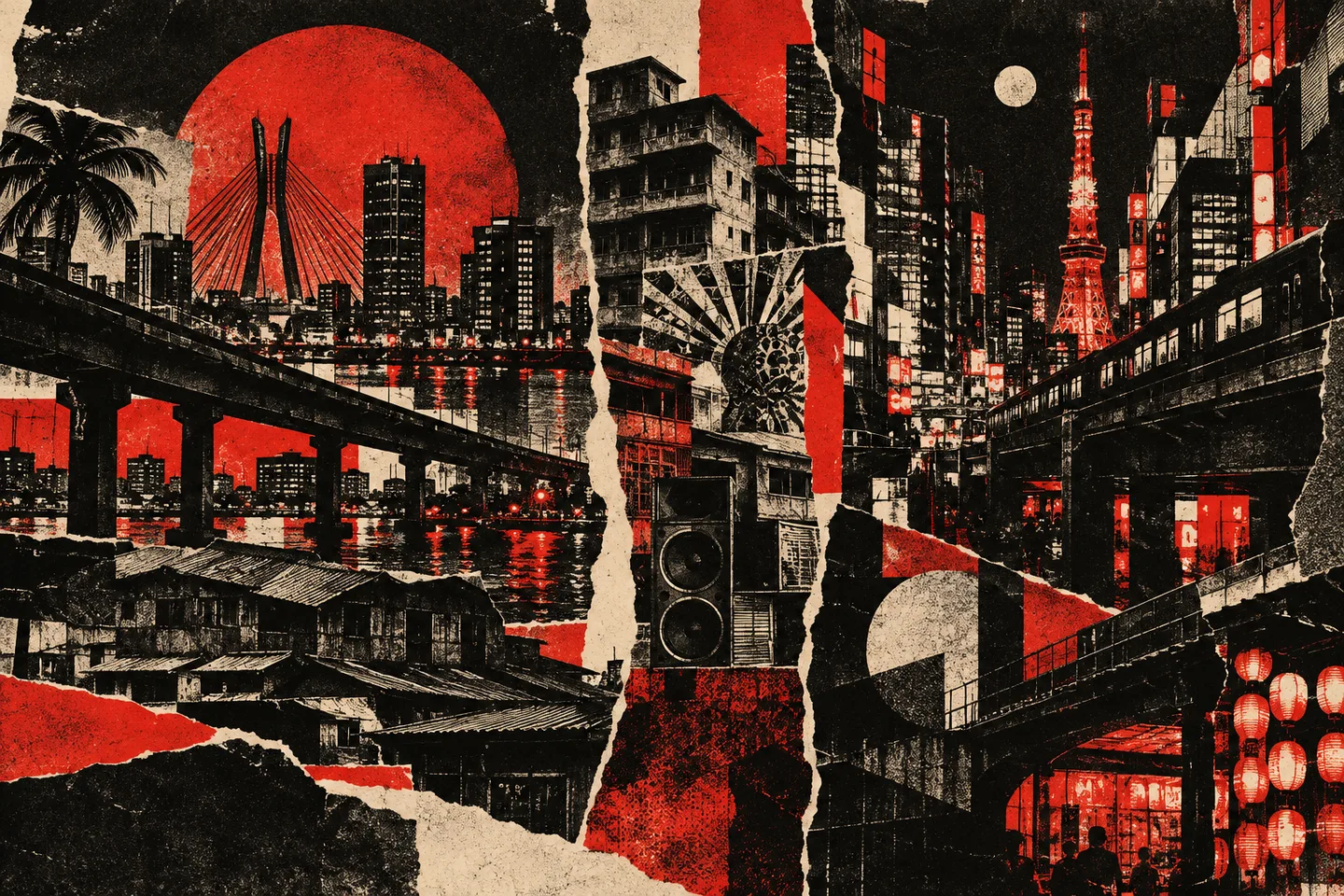 Originale Stadtkollage in Schwarz, Creme und Rot