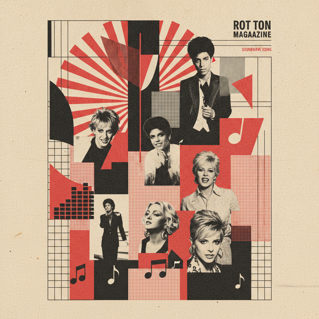 Eine Risographie-Collage, die verschiedene ikonische Musiker der 80er Jahre in stilisierten Werbespot-Szenen zeigt, mit Neonlichtern und Retrografiken.